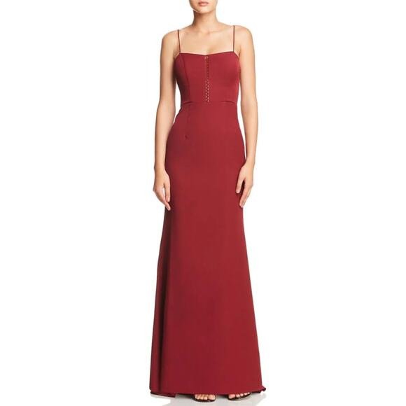 Burgundy Red Evening Gown Size 8 Sleeveless JARLO Cut Out Mini Train Long Formal - Picture 9 of 11
